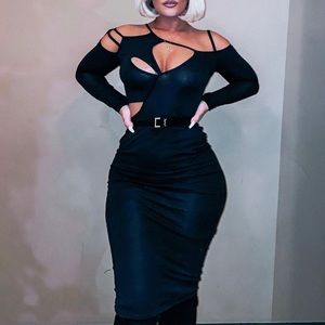 Cut Out Long Sleeve Body Con Midi Dress in Black M